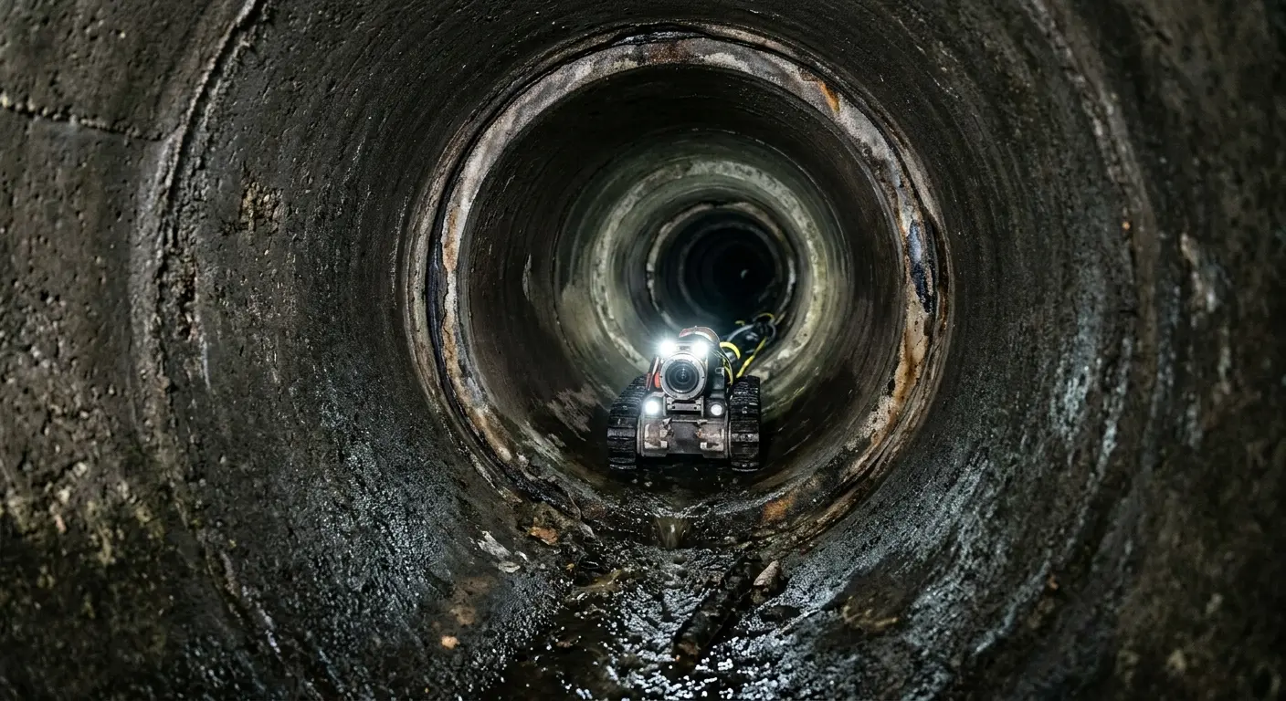 Robotic sewer camera inspecting pipe interior for Sewer Line Cleaning in Pennsville