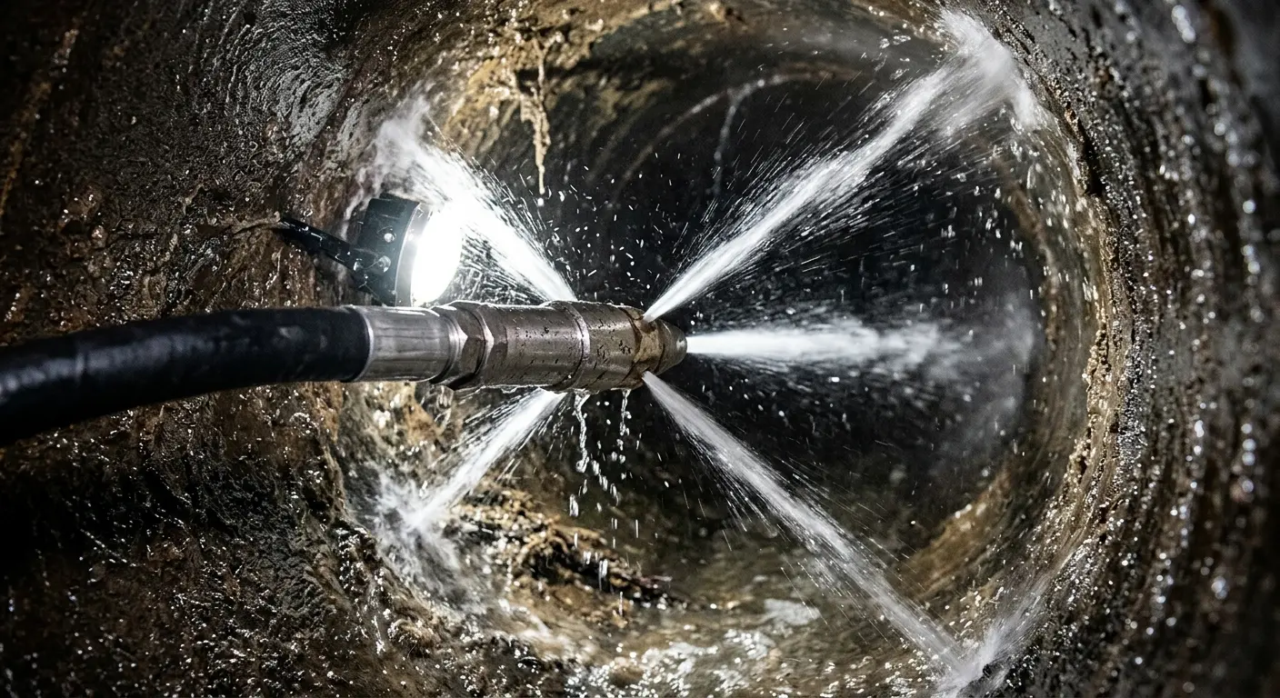 High-pressure hydro jetting nozzle cleaning sewer pipe for Trenchless Sewer Repair in Pennsville