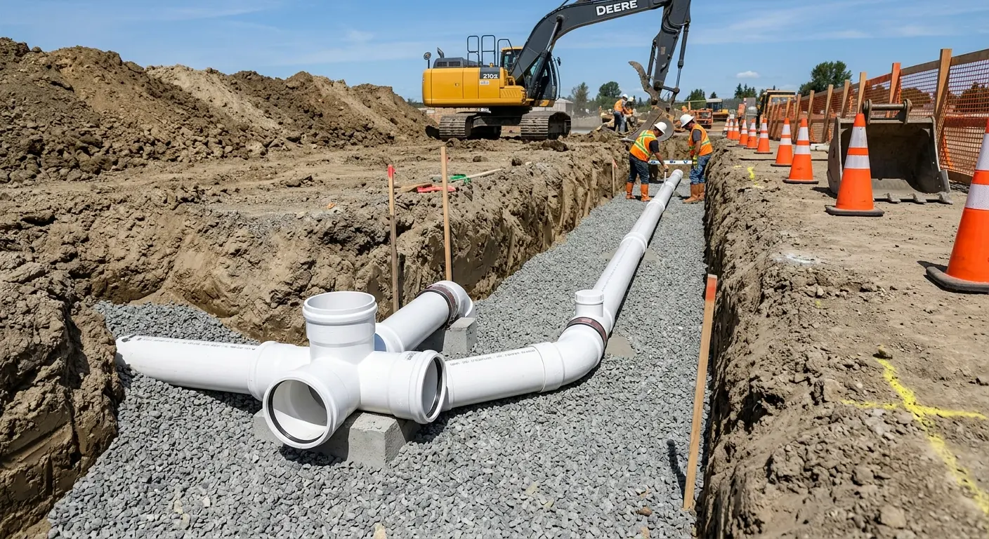 New PVC sewer pipe installation in open trench for Sewer Backup in Pennsville