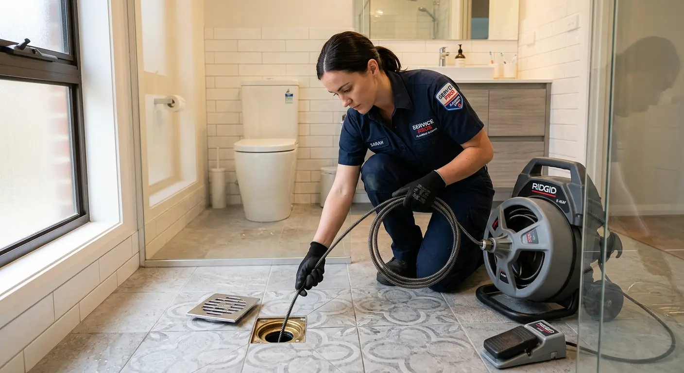 Technician clearing a bathroom floor drain for Clogged Drain Repair in Pennsville